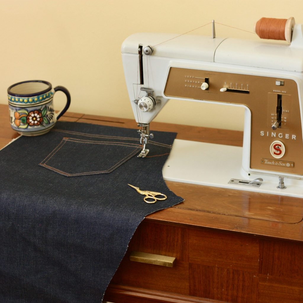 sewing mens jeans on vintage Singer 603