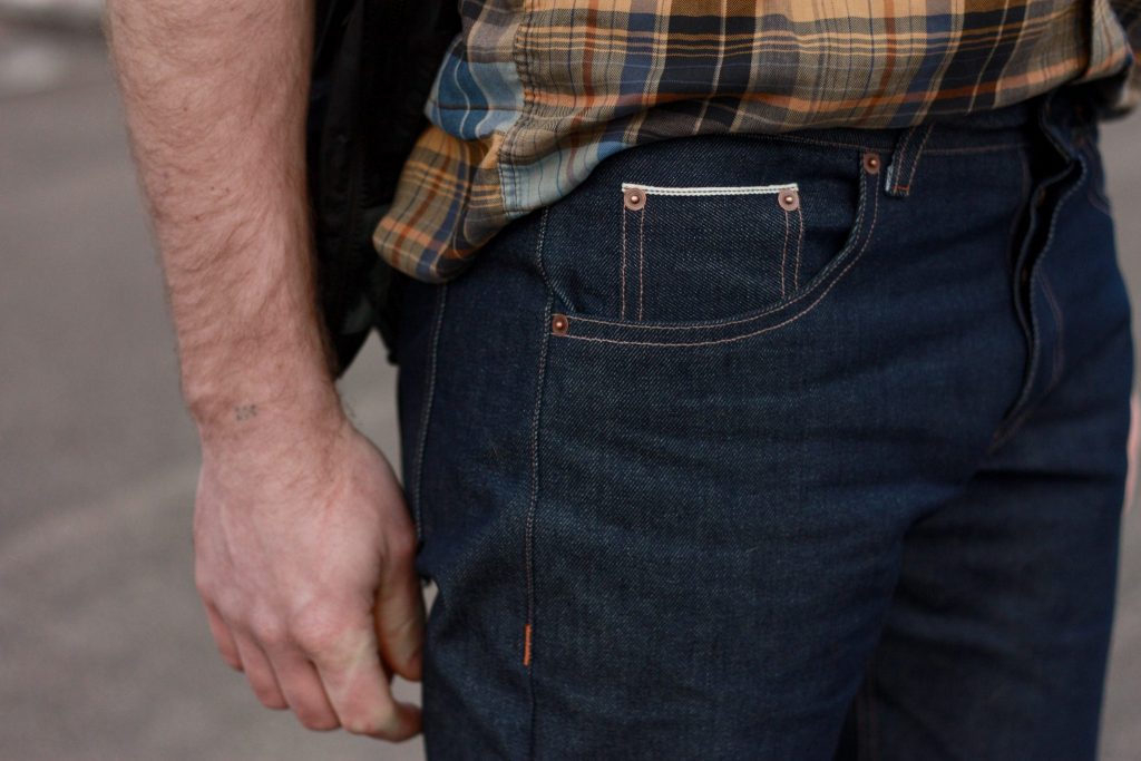 mens jeans detail view of coin pocket and rivets